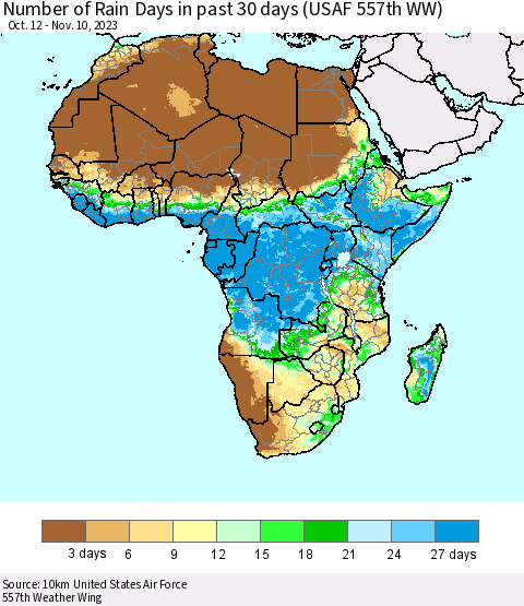 Africa Number of Rain Days in past 30 days (USAF 557th WW) 11/10/2023 Thematic Map For 11/6/2023 - 11/10/2023