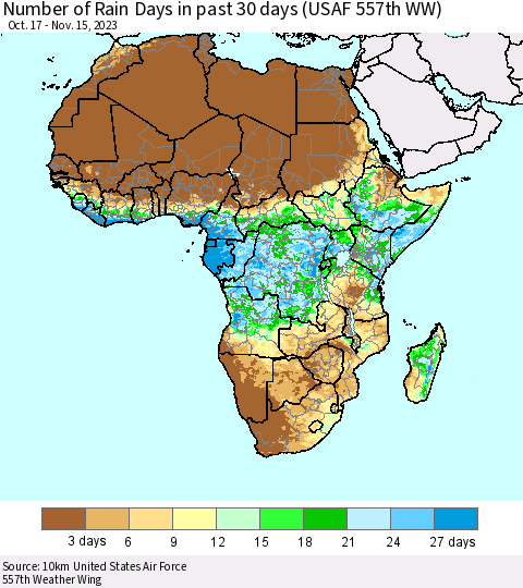Africa Number of Rain Days in past 30 days (USAF 557th WW) 11/15/2023 Thematic Map For 11/11/2023 - 11/15/2023