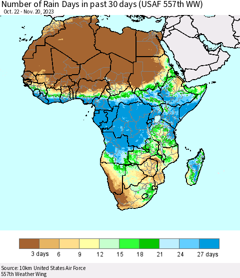 Africa Number of Rain Days in past 30 days (USAF 557th WW) 11/20/2023 Thematic Map For 11/16/2023 - 11/20/2023