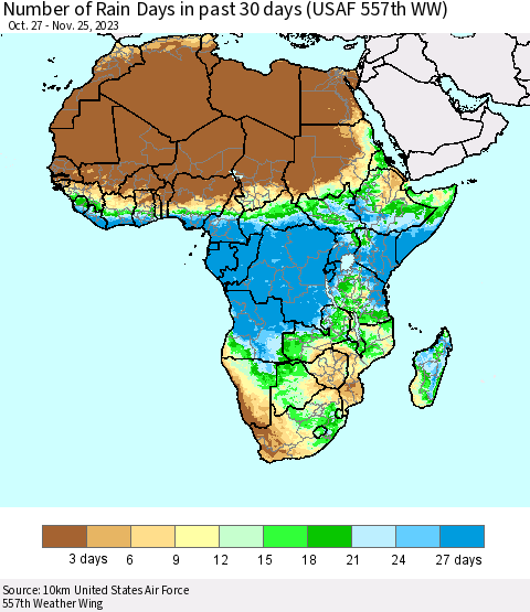 Africa Number of Rain Days in past 30 days (USAF 557th WW) 11/25/2023 Thematic Map For 11/21/2023 - 11/25/2023