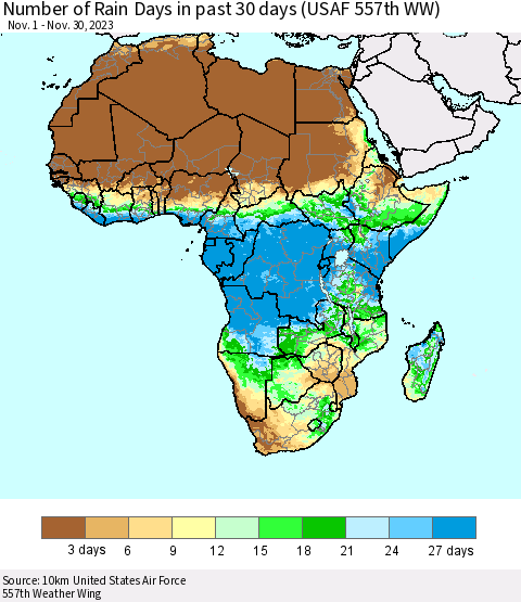 Africa Number of Rain Days in past 30 days (USAF 557th WW) 11/30/2023 Thematic Map For 11/26/2023 - 11/30/2023