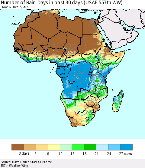 Africa Number of Rain Days in past 30 days (USAF 557th WW) 12/05/2023 Thematic Map For 12/1/2023 - 12/5/2023