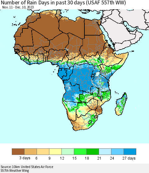Africa Number of Rain Days in past 30 days (USAF 557th WW) 12/10/2023 Thematic Map For 12/6/2023 - 12/10/2023