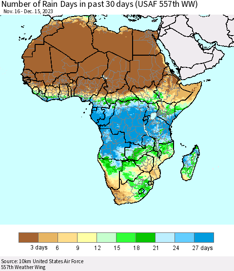 Africa Number of Rain Days in past 30 days (USAF 557th WW) 12/15/2023 Thematic Map For 12/11/2023 - 12/15/2023