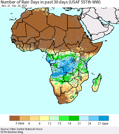 Africa Number of Rain Days in past 30 days (USAF 557th WW) 12/20/2023 Thematic Map For 12/16/2023 - 12/20/2023