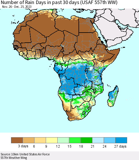 Africa Number of Rain Days in past 30 days (USAF 557th WW) 12/25/2023 Thematic Map For 12/21/2023 - 12/25/2023
