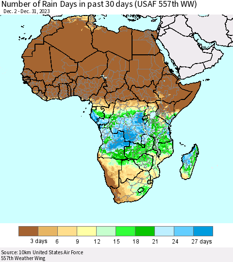 Africa Number of Rain Days in past 30 days (USAF 557th WW) 12/31/2023 Thematic Map For 12/26/2023 - 12/31/2023