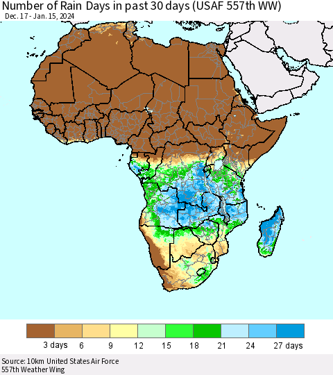 Africa Number of Rain Days in past 30 days (USAF 557th WW) 01/15/2024 Thematic Map For 1/11/2024 - 1/15/2024