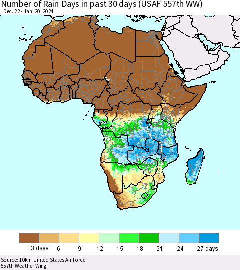 Africa Number of Rain Days in past 30 days (USAF 557th WW) 01/20/2024 Thematic Map For 1/16/2024 - 1/20/2024