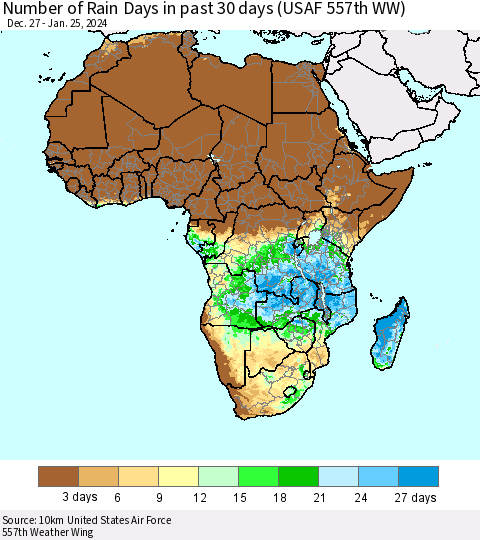 Africa Number of Rain Days in past 30 days (USAF 557th WW) 01/25/2024 Thematic Map For 1/21/2024 - 1/25/2024