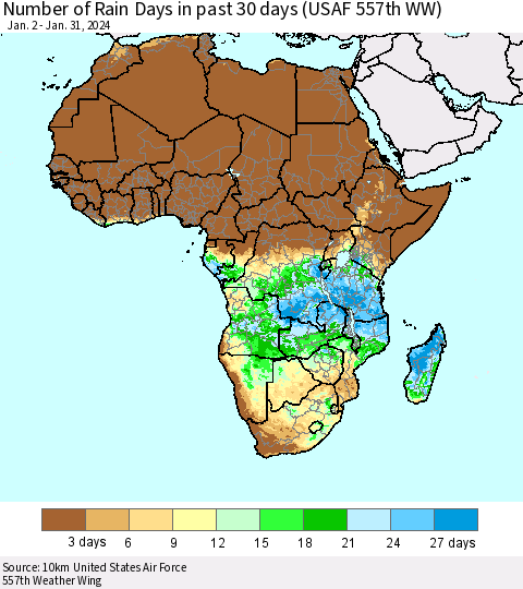 Africa Number of Rain Days in past 30 days (USAF 557th WW) 01/31/2024 Thematic Map For 1/26/2024 - 1/31/2024