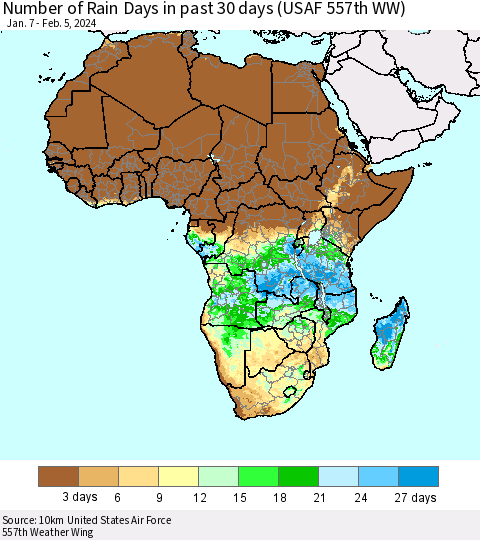 Africa Number of Rain Days in past 30 days (USAF 557th WW) 02/05/2024 Thematic Map For 2/1/2024 - 2/5/2024