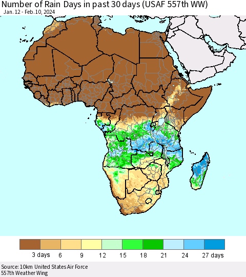 Africa Number of Rain Days in past 30 days (USAF 557th WW) 02/10/2024 Thematic Map For 2/6/2024 - 2/10/2024