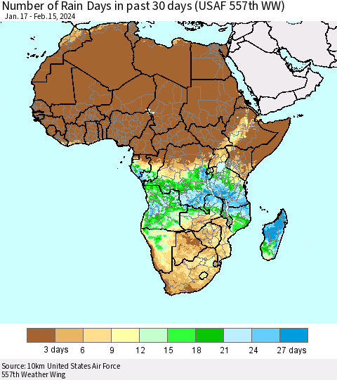Africa Number of Rain Days in past 30 days (USAF 557th WW) 02/15/2024 Thematic Map For 2/11/2024 - 2/15/2024