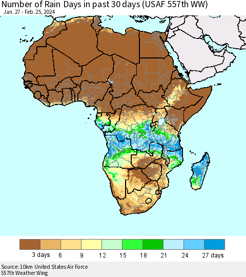 Africa Number of Rain Days in past 30 days (USAF 557th WW) 02/25/2024 Thematic Map For 2/21/2024 - 2/25/2024