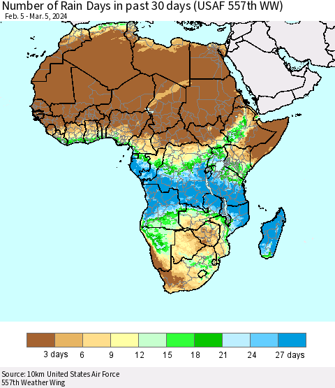 Africa Number of Rain Days in past 30 days (USAF 557th WW) 03/05/2024 Thematic Map For 3/1/2024 - 3/5/2024
