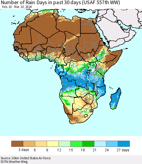 Africa Number of Rain Days in past 30 days (USAF 557th WW) 03/10/2024 Thematic Map For 3/6/2024 - 3/10/2024