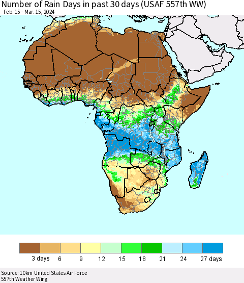 Africa Number of Rain Days in past 30 days (USAF 557th WW) 03/15/2024 Thematic Map For 3/11/2024 - 3/15/2024
