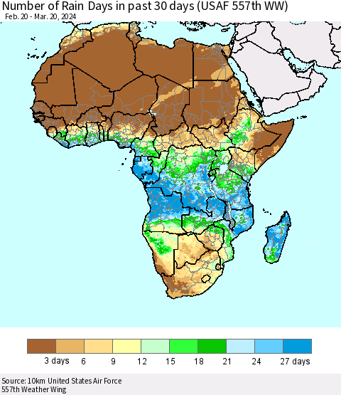 Africa Number of Rain Days in past 30 days (USAF 557th WW) 03/20/2024 Thematic Map For 3/16/2024 - 3/20/2024