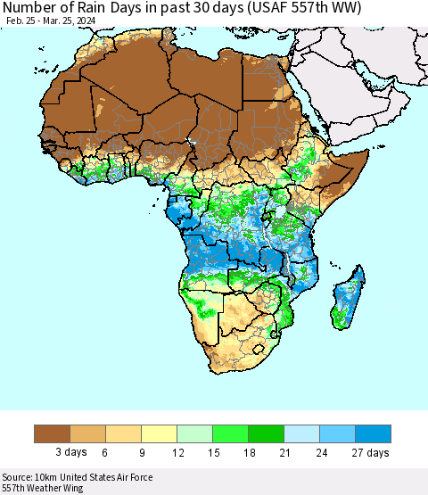 Africa Number of Rain Days in past 30 days (USAF 557th WW) 03/25/2024 Thematic Map For 3/21/2024 - 3/25/2024