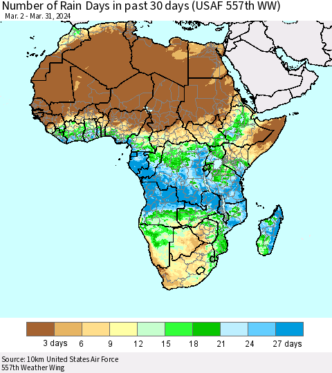 Africa Number of Rain Days in past 30 days (USAF 557th WW) 03/31/2024 Thematic Map For 3/26/2024 - 3/31/2024