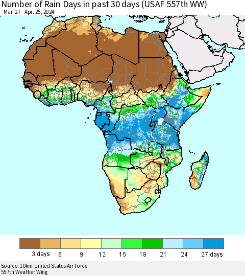 Africa Number of Rain Days in past 30 days (USAF 557th WW) 04/25/2024 Thematic Map For 4/21/2024 - 4/25/2024