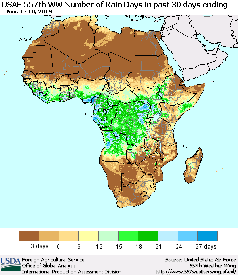 Africa Number of Rain Days in past 30 days (USAF 557th WW) 11/10/2019 Thematic Map For 11/4/2019 - 11/10/2019