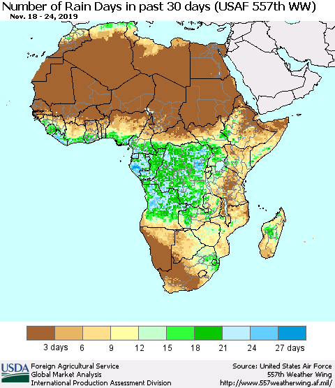 Africa Number of Rain Days in past 30 days (USAF 557th WW) 11/24/2019 Thematic Map For 11/18/2019 - 11/24/2019