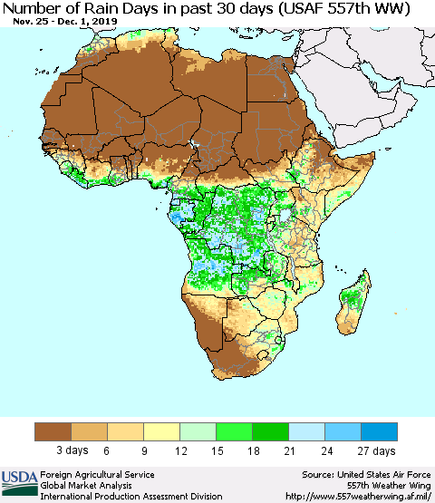 Africa Number of Rain Days in past 30 days (USAF 557th WW) 12/01/2019 Thematic Map For 11/25/2019 - 12/1/2019