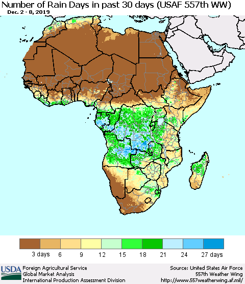Africa Number of Rain Days in past 30 days (USAF 557th WW) 12/08/2019 Thematic Map For 12/2/2019 - 12/8/2019