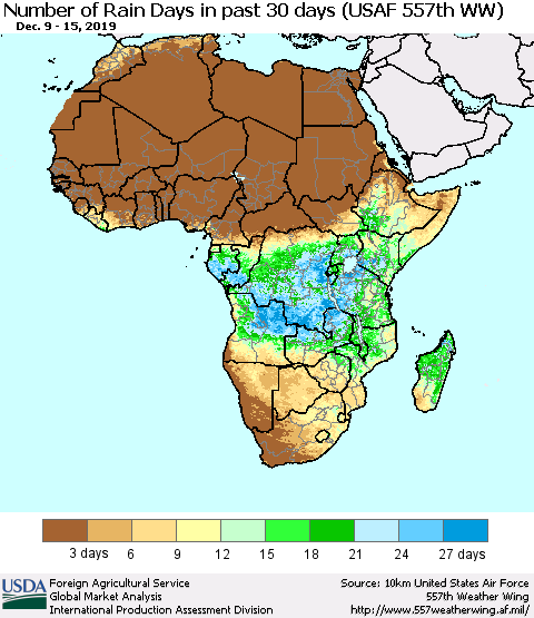 Africa Number of Rain Days in past 30 days (USAF 557th WW) 12/15/2019 Thematic Map For 12/9/2019 - 12/15/2019