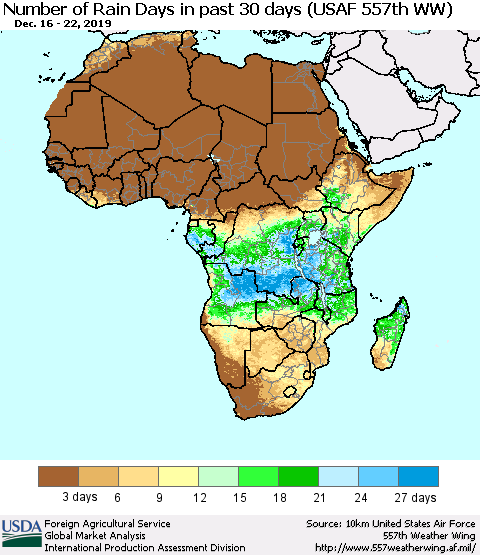 Africa Number of Rain Days in past 30 days (USAF 557th WW) 12/22/2019 Thematic Map For 12/16/2019 - 12/22/2019