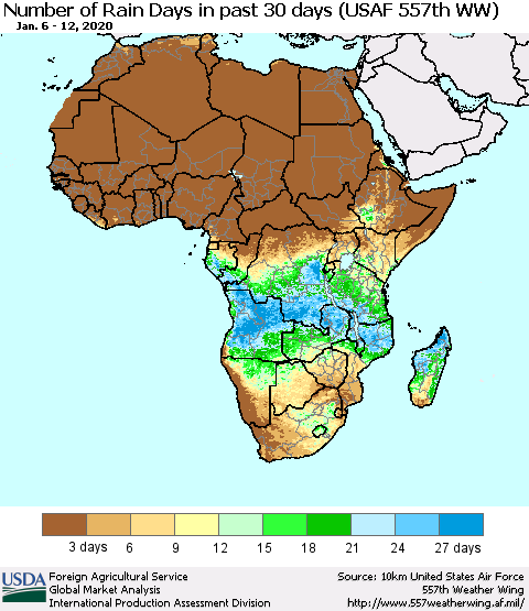 Africa Number of Rain Days in past 30 days (USAF 557th WW) 01/12/2020 Thematic Map For 1/6/2020 - 1/12/2020