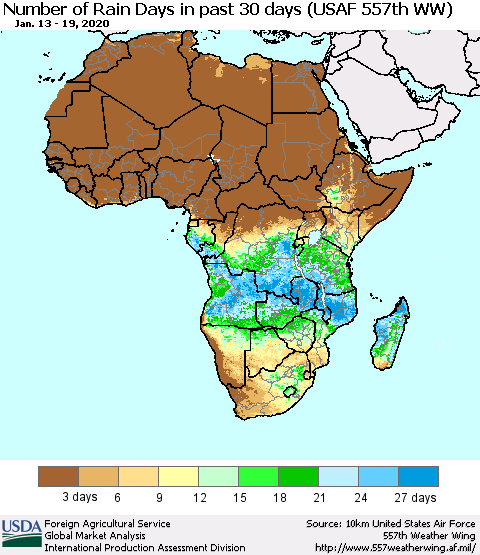Africa Number of Rain Days in past 30 days (USAF 557th WW) 01/19/2020 Thematic Map For 1/13/2020 - 1/19/2020