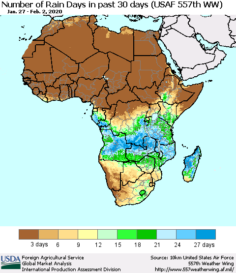 Africa Number of Rain Days in past 30 days (USAF 557th WW) 02/02/2020 Thematic Map For 1/27/2020 - 2/2/2020