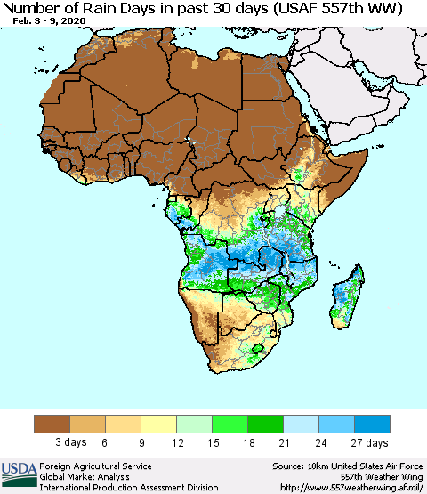 Africa Number of Rain Days in past 30 days (USAF 557th WW) 02/09/2020 Thematic Map For 2/3/2020 - 2/9/2020