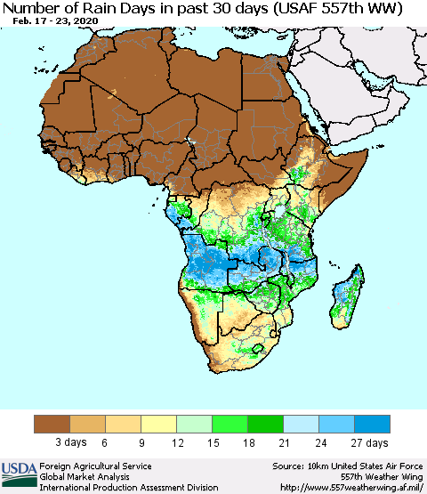 Africa Number of Rain Days in past 30 days (USAF 557th WW) 02/23/2020 Thematic Map For 2/17/2020 - 2/23/2020