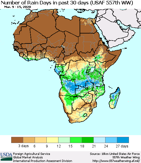 Africa Number of Rain Days in past 30 days (USAF 557th WW) 03/15/2020 Thematic Map For 3/9/2020 - 3/15/2020