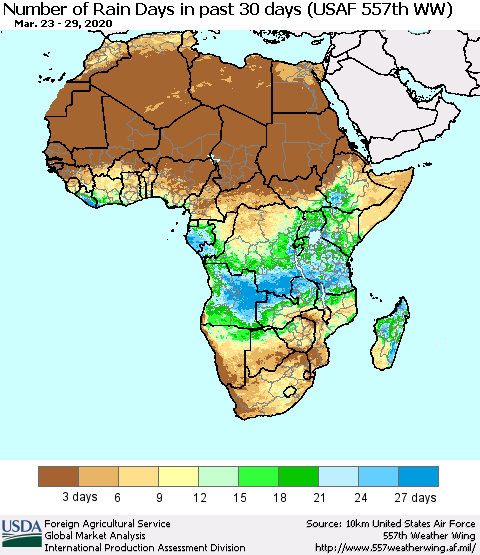 Africa Number of Rain Days in past 30 days (USAF 557th WW) 03/29/2020 Thematic Map For 3/23/2020 - 3/29/2020