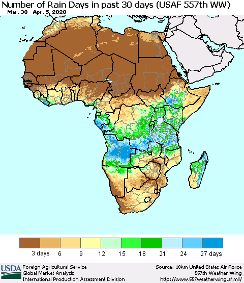 Africa Number of Rain Days in past 30 days (USAF 557th WW) 04/05/2020 Thematic Map For 3/30/2020 - 4/5/2020