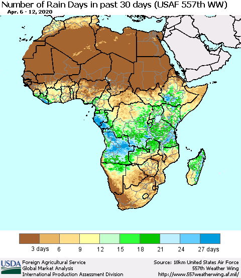 Africa Number of Rain Days in past 30 days (USAF 557th WW) 04/12/2020 Thematic Map For 4/6/2020 - 4/12/2020