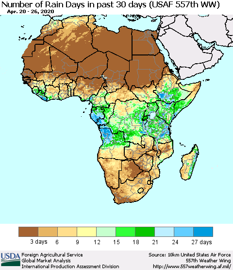 Africa Number of Rain Days in past 30 days (USAF 557th WW) 04/26/2020 Thematic Map For 4/20/2020 - 4/26/2020