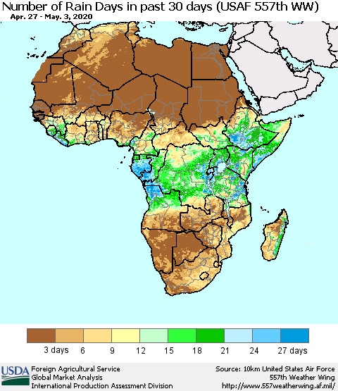 Africa Number of Rain Days in past 30 days (USAF 557th WW) 05/03/2020 Thematic Map For 4/27/2020 - 5/3/2020