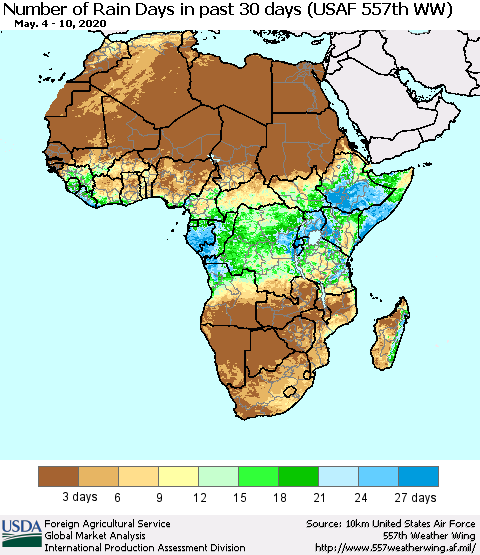Africa Number of Rain Days in past 30 days (USAF 557th WW) 05/10/2020 Thematic Map For 5/4/2020 - 5/10/2020