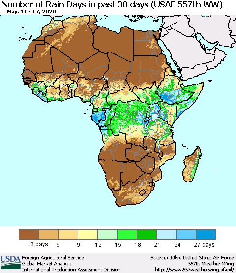 Africa Number of Rain Days in past 30 days (USAF 557th WW) 05/17/2020 Thematic Map For 5/11/2020 - 5/17/2020