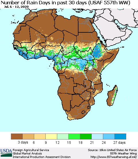 Africa Number of Rain Days in past 30 days (USAF 557th WW) 07/12/2020 Thematic Map For 7/6/2020 - 7/12/2020