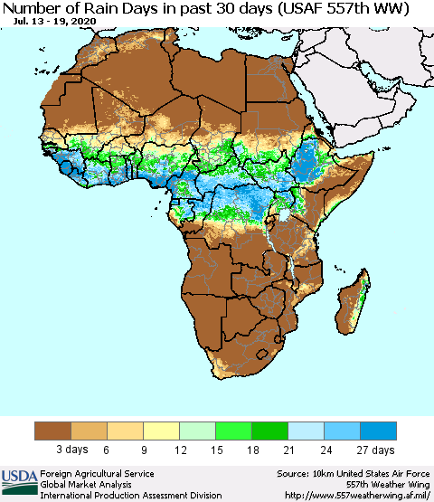 Africa Number of Rain Days in past 30 days (USAF 557th WW) 07/19/2020 Thematic Map For 7/13/2020 - 7/19/2020