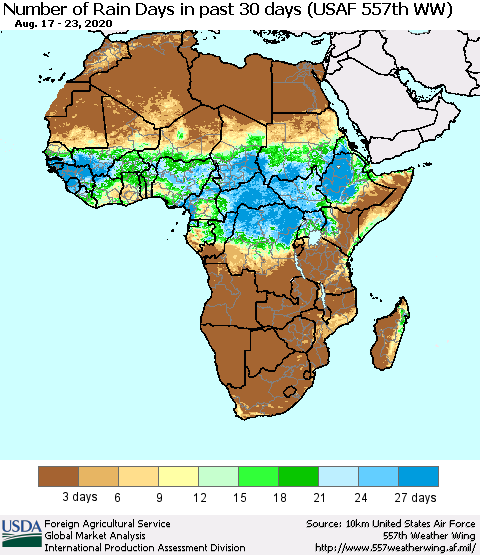 Africa Number of Rain Days in past 30 days (USAF 557th WW) 08/23/2020 Thematic Map For 8/17/2020 - 8/23/2020