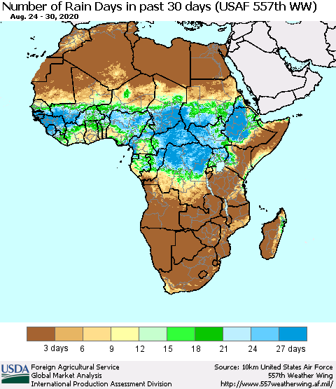 Africa Number of Rain Days in past 30 days (USAF 557th WW) 08/30/2020 Thematic Map For 8/24/2020 - 8/30/2020