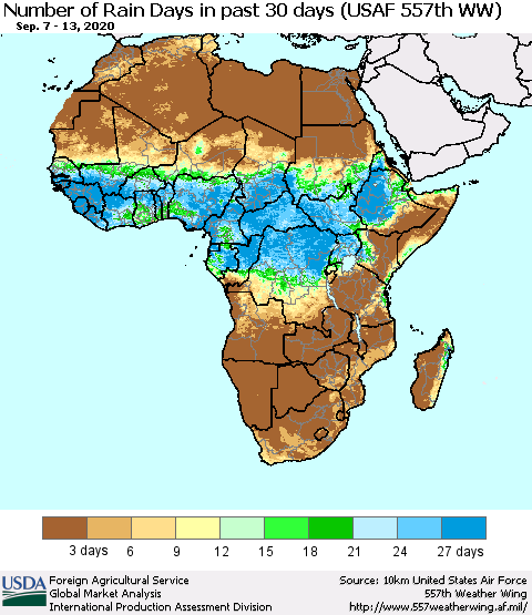 Africa Number of Rain Days in past 30 days (USAF 557th WW) 09/13/2020 Thematic Map For 9/7/2020 - 9/13/2020